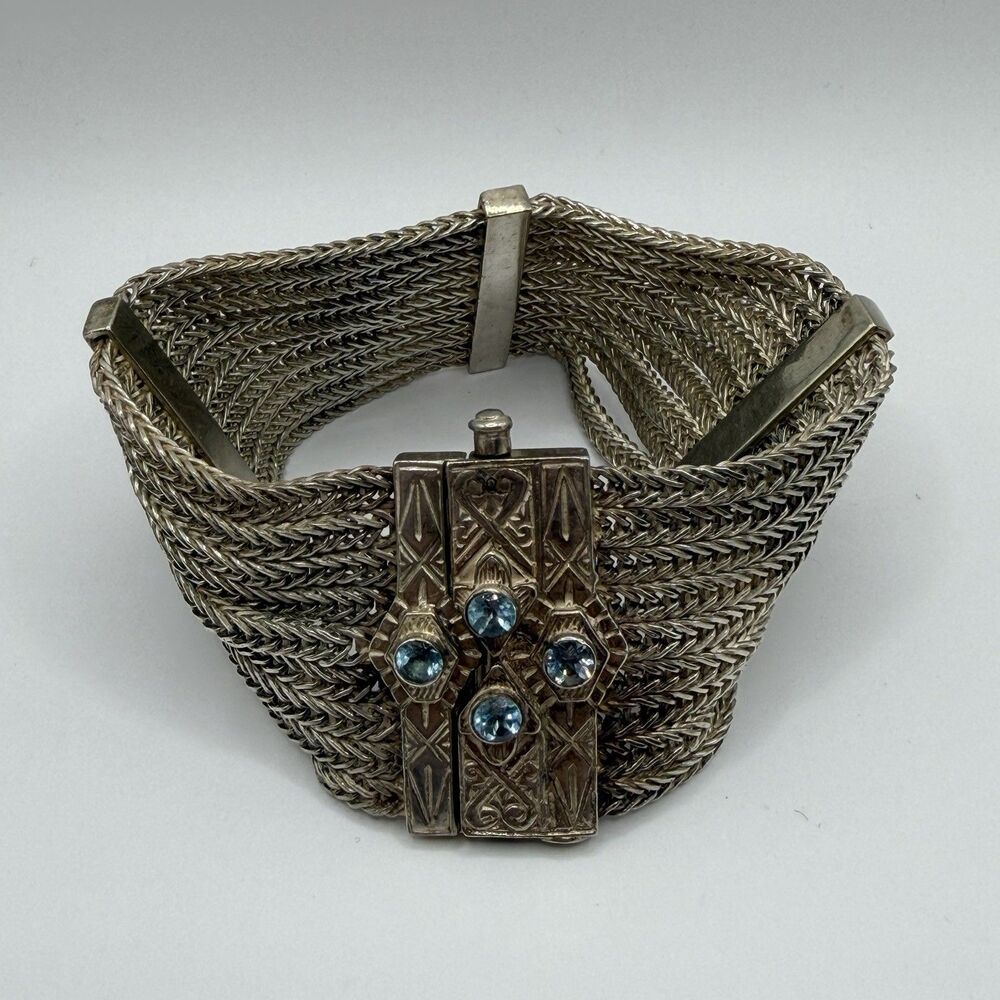 Vintage Wide Multi Strand Woven Mesh Bracelet Blue Stones 7" 68.1g